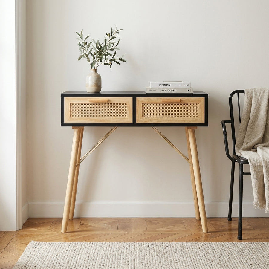 Console noire en pin massif et rotin naturel