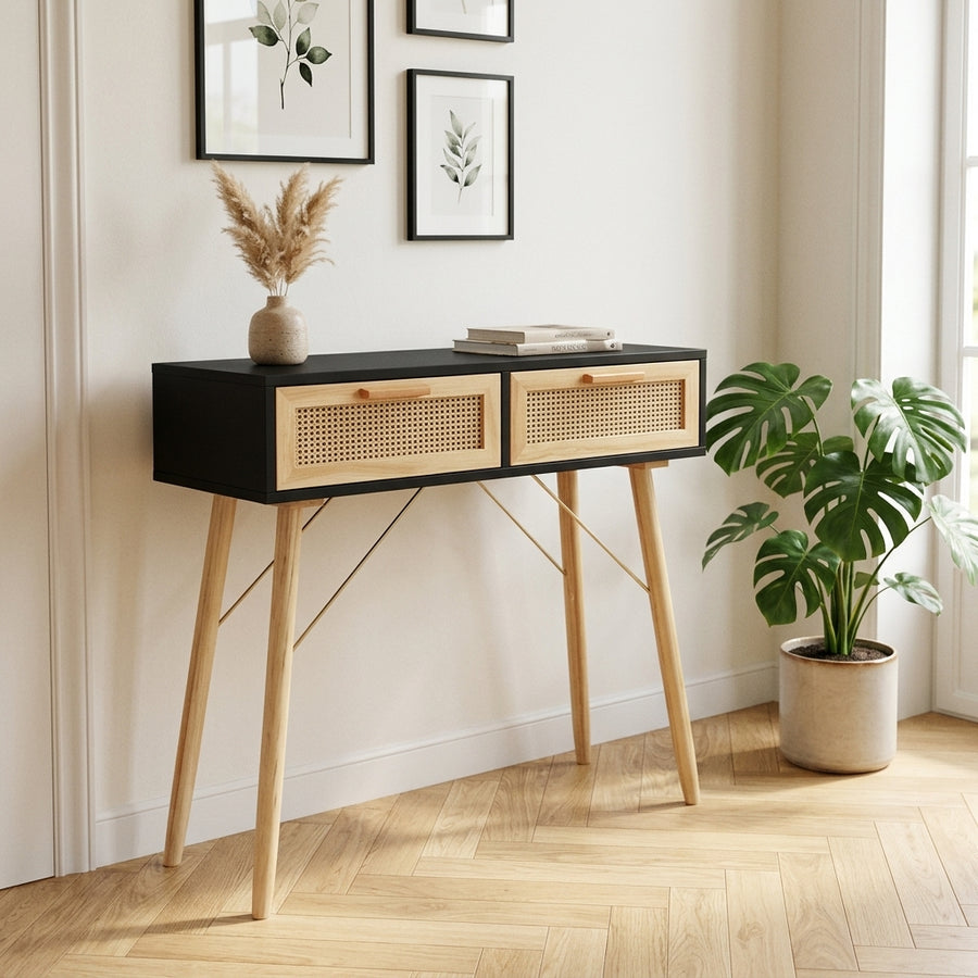 Console noire en pin massif et rotin naturel