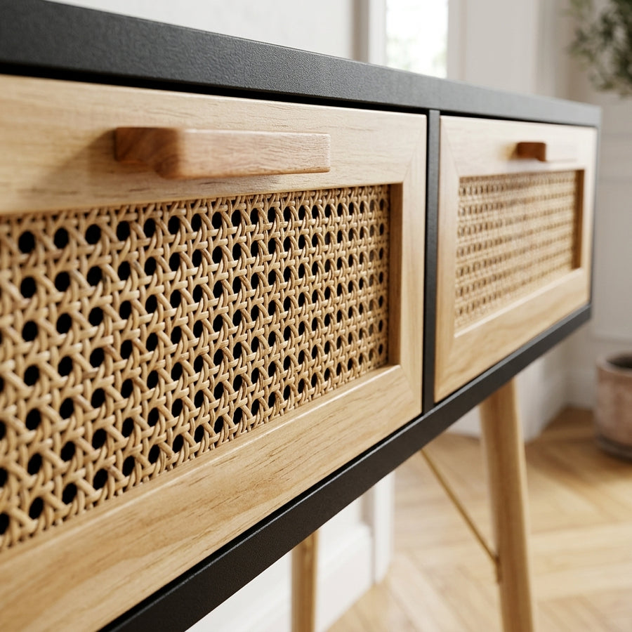 Console noire en pin massif et rotin naturel