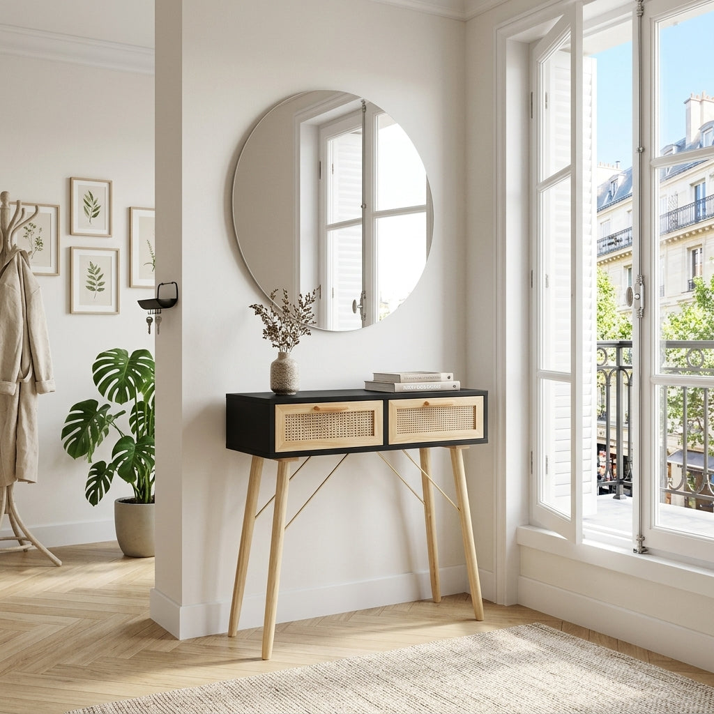 Console noire en pin massif et rotin naturel