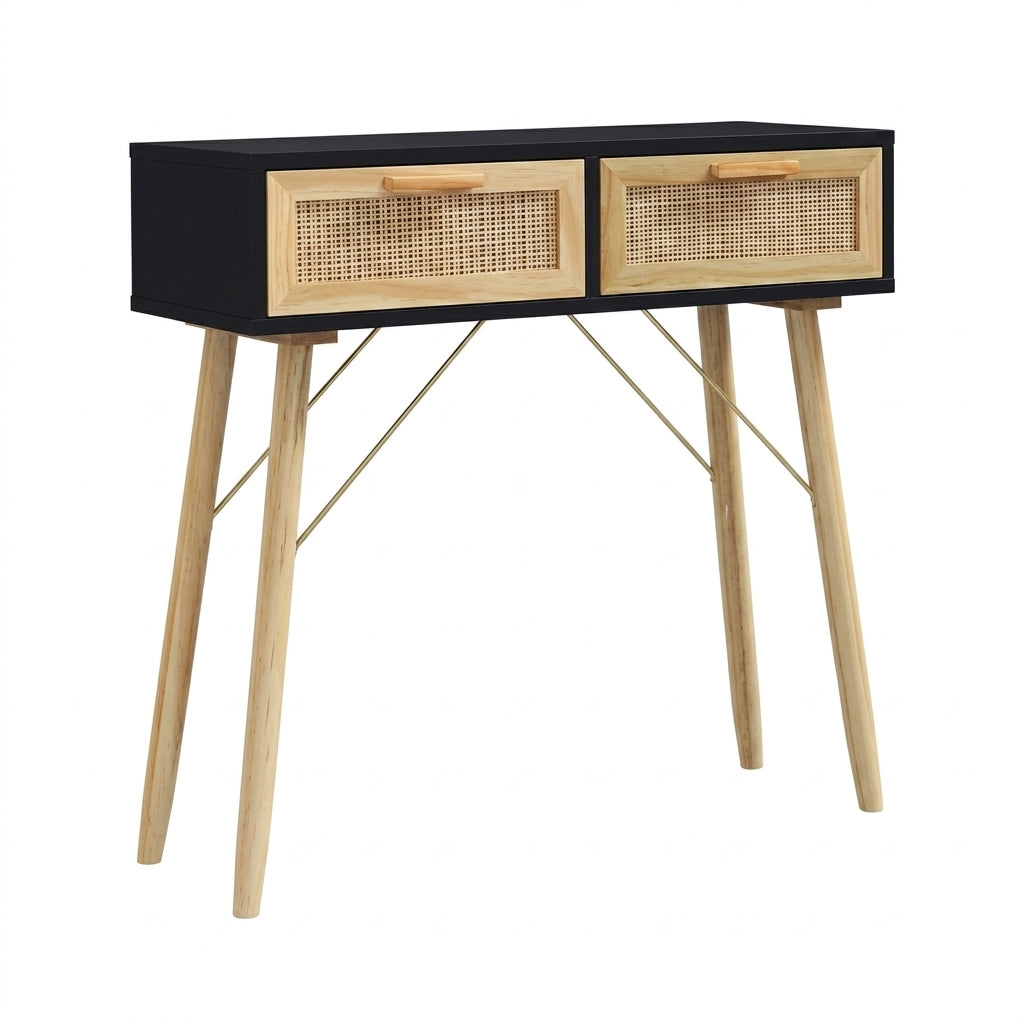 Console noire en pin massif et rotin naturel