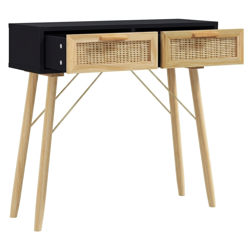 Console noire en pin massif et rotin naturel
