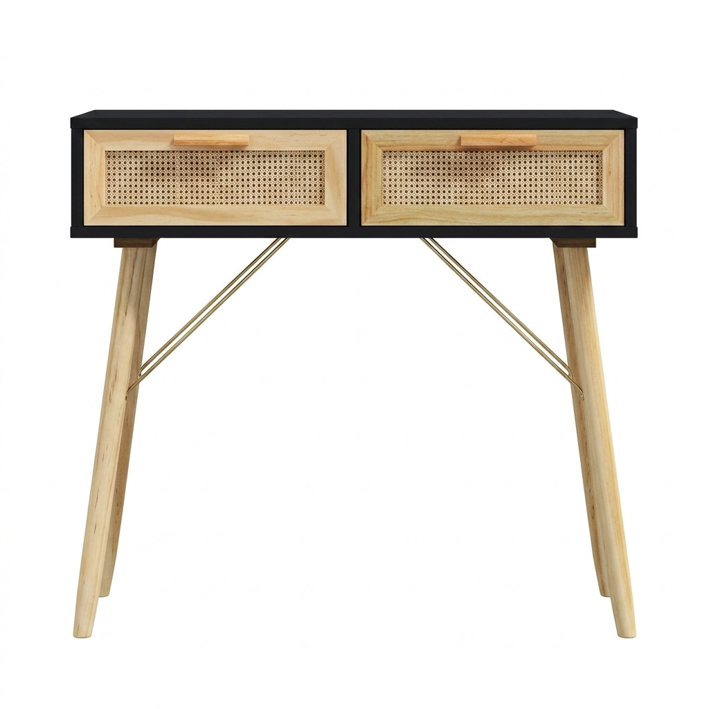 Console noire en pin massif et rotin naturel