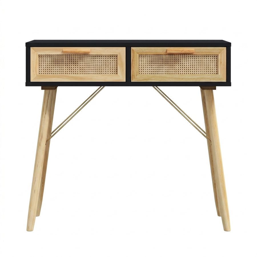 Console noire en pin massif et rotin naturel