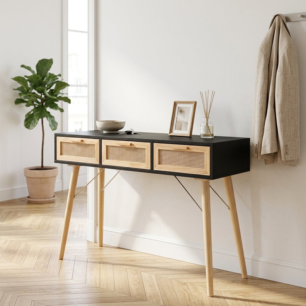 Console noire en pin massif et rotin naturel à 3 tiroirs