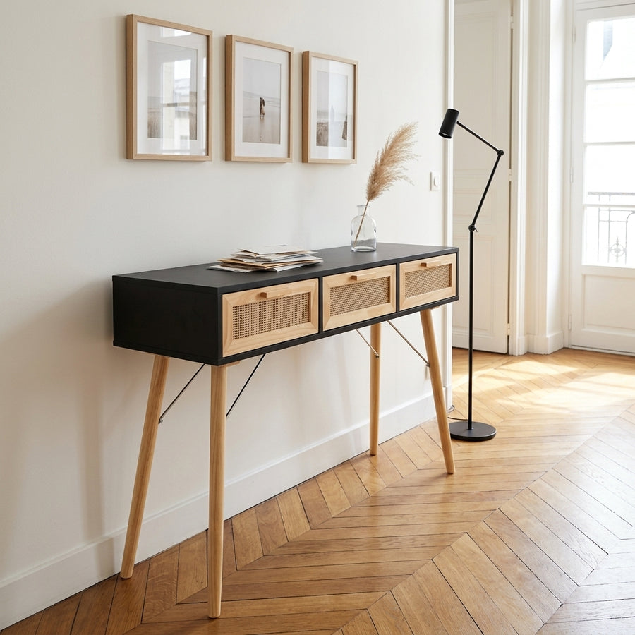 Console noire en pin massif et rotin naturel à 3 tiroirs