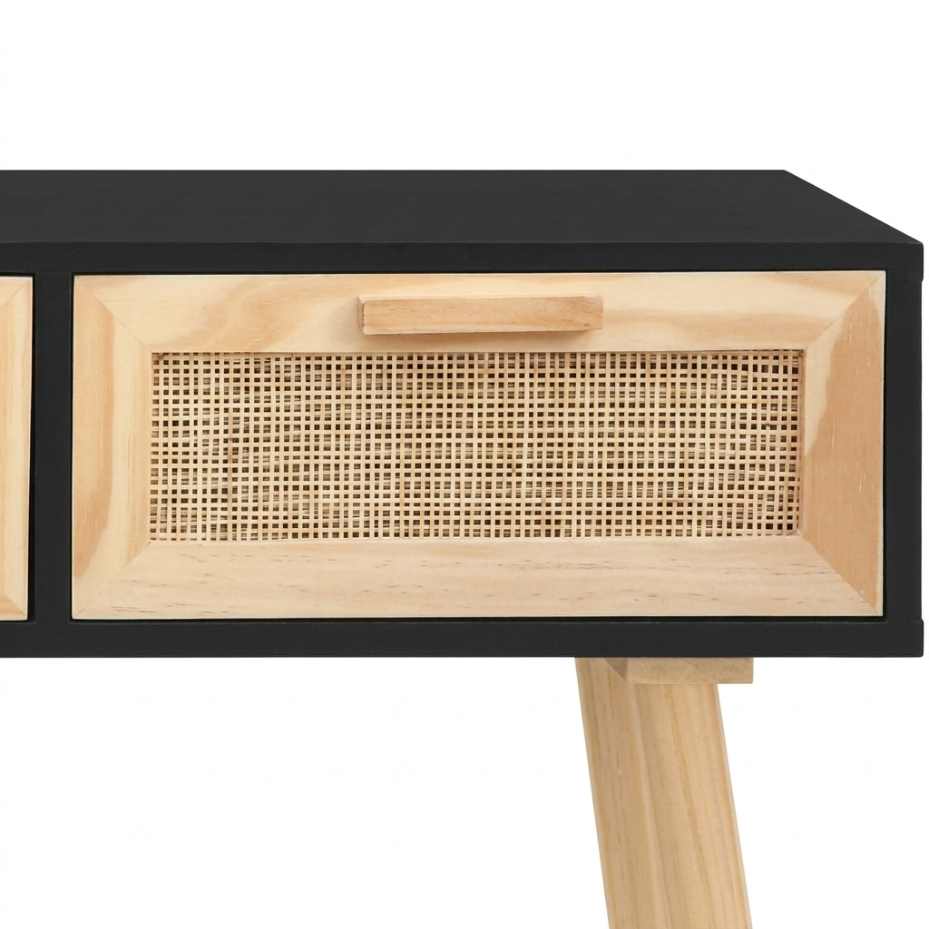 Console noire en pin massif et rotin naturel à 3 tiroirs