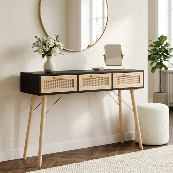Console noire en pin massif et rotin naturel à 3 tiroirs