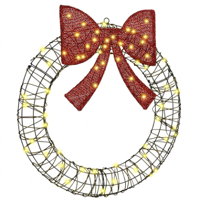 Couronne de Noël lumineuse en rotin avec nœud rouge