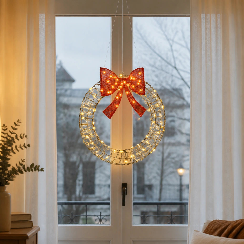 Couronne de Noël lumineuse en rotin avec nœud rouge