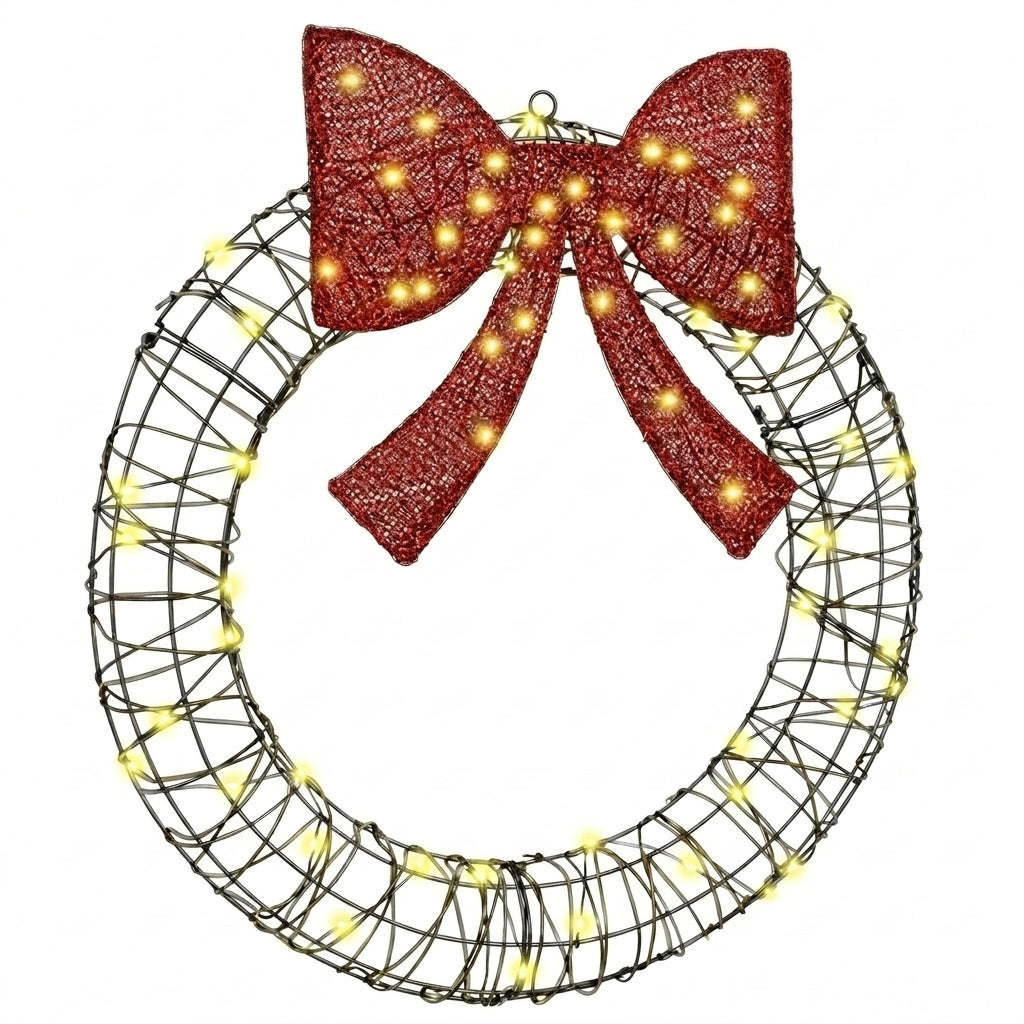 Couronne de Noël lumineuse en rotin avec nœud rouge