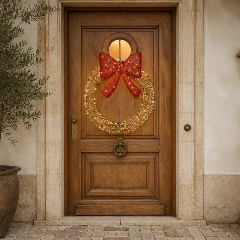 Couronne de Noël lumineuse en rotin avec nœud rouge