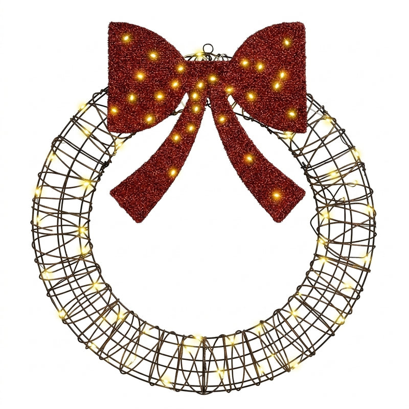 Couronne de Noël lumineuse en rotin avec nœud rouge