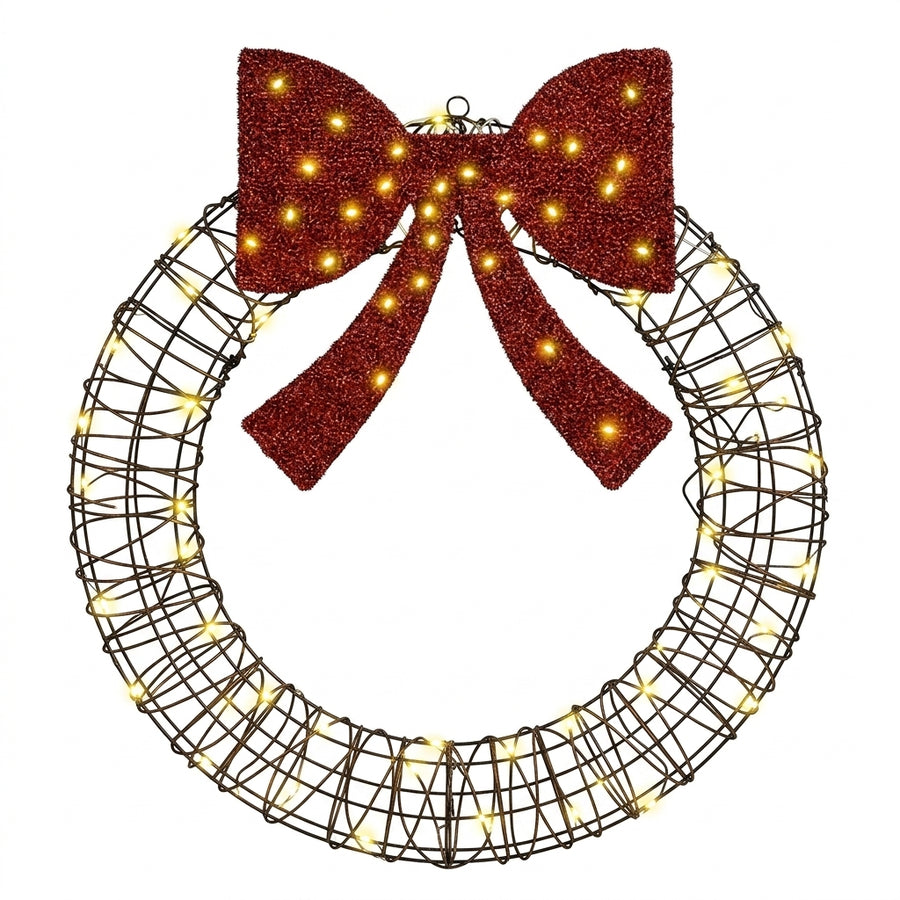 Couronne de Noël lumineuse en rotin avec nœud rouge