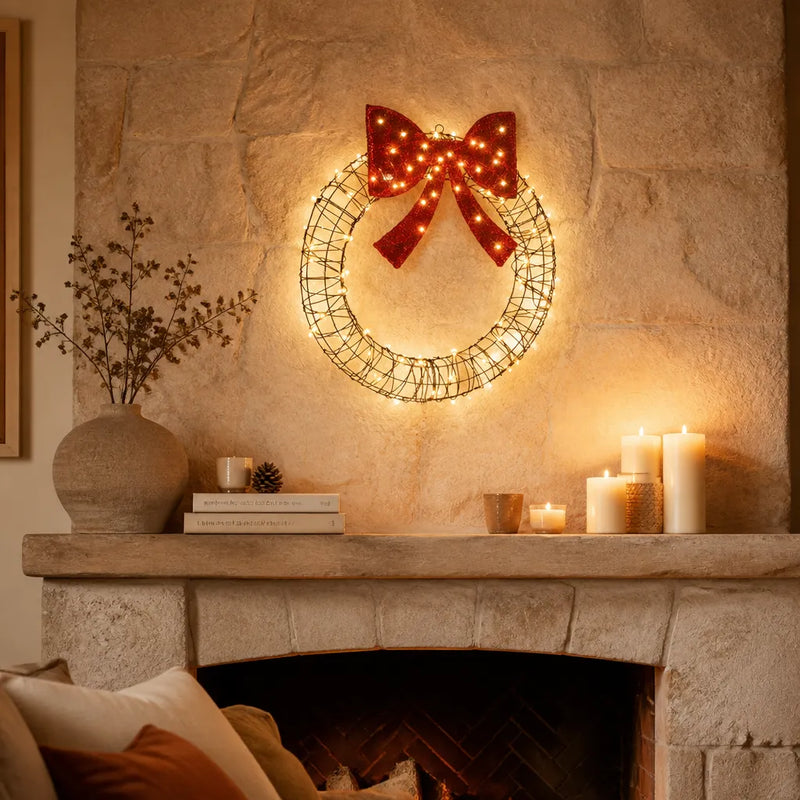 Couronne de Noël lumineuse en rotin avec nœud rouge