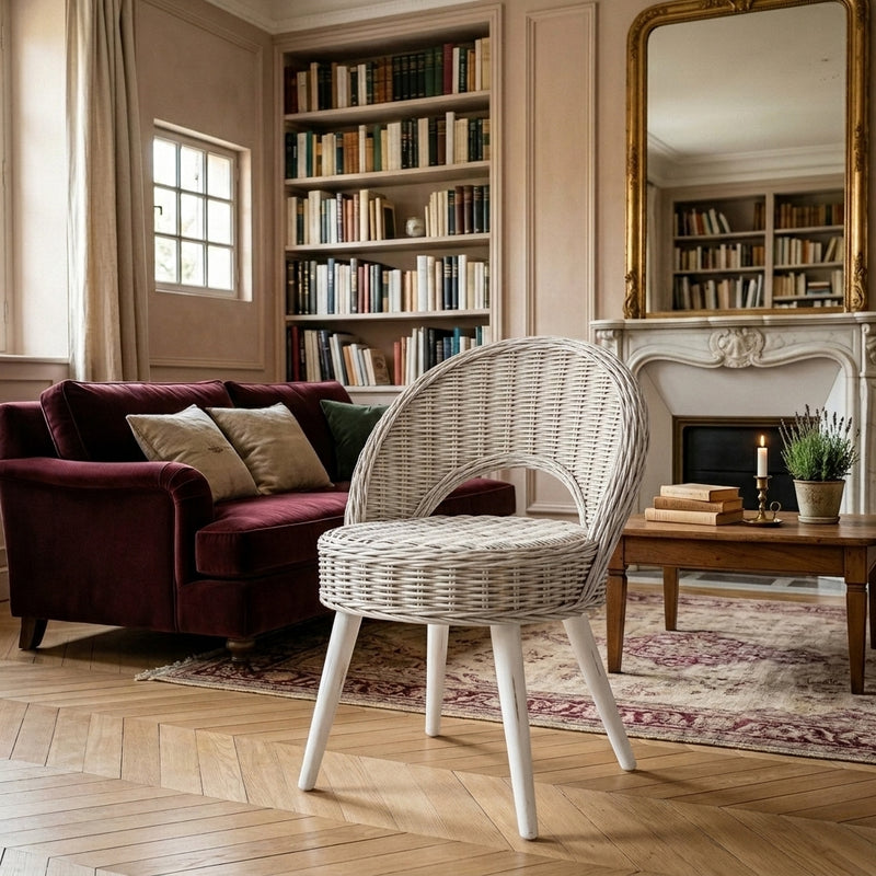 Fauteuil Kubu en rotin tressé blanc, pieds bois