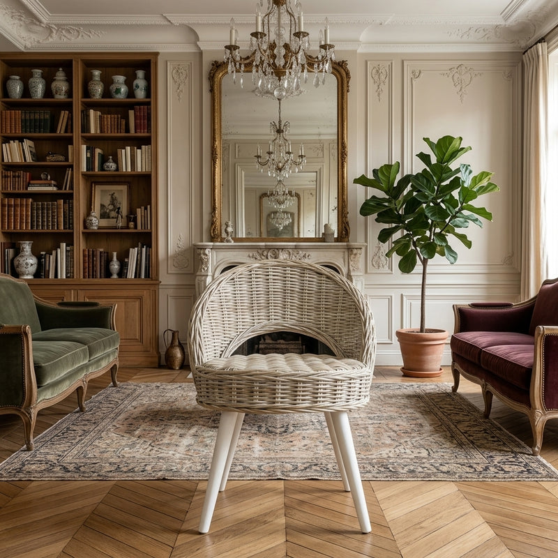 Fauteuil Kubu en rotin tressé blanc, pieds bois