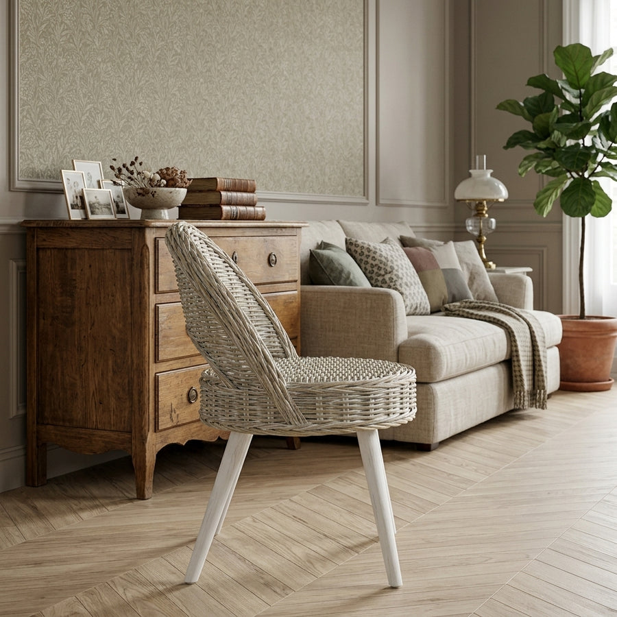 Fauteuil Kubu en rotin tressé blanc, pieds bois