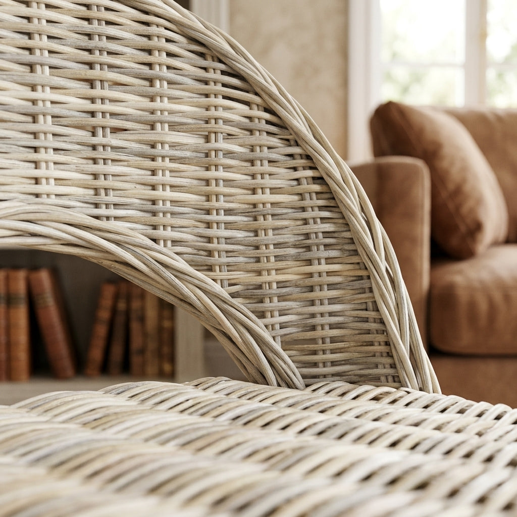 Fauteuil Kubu en rotin tressé blanc, pieds bois