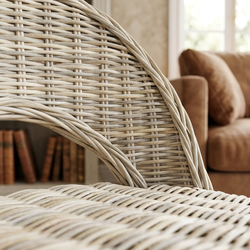 Fauteuil Kubu en rotin tressé blanc, pieds bois