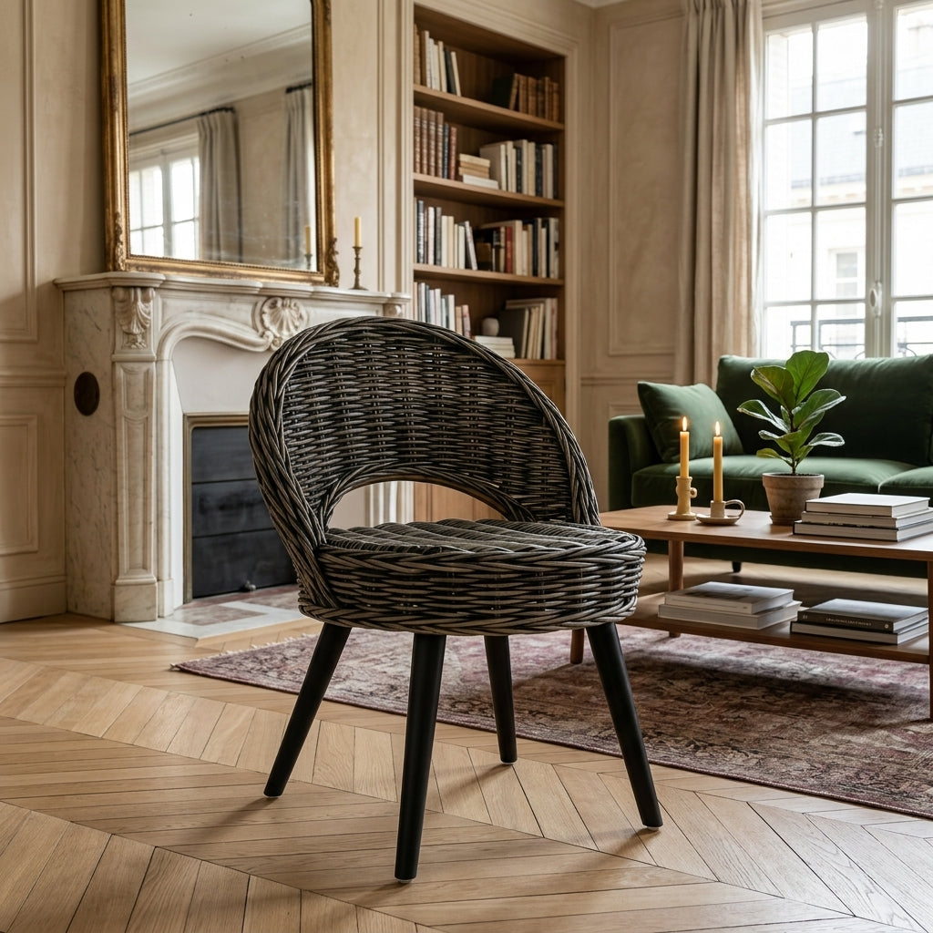 Fauteuil Kubu en rotin tressé noir, pieds bois