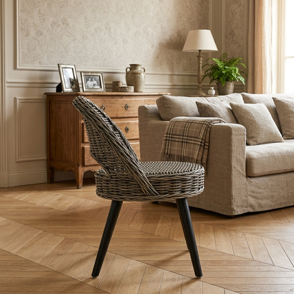 Fauteuil Kubu en rotin tressé noir, pieds bois