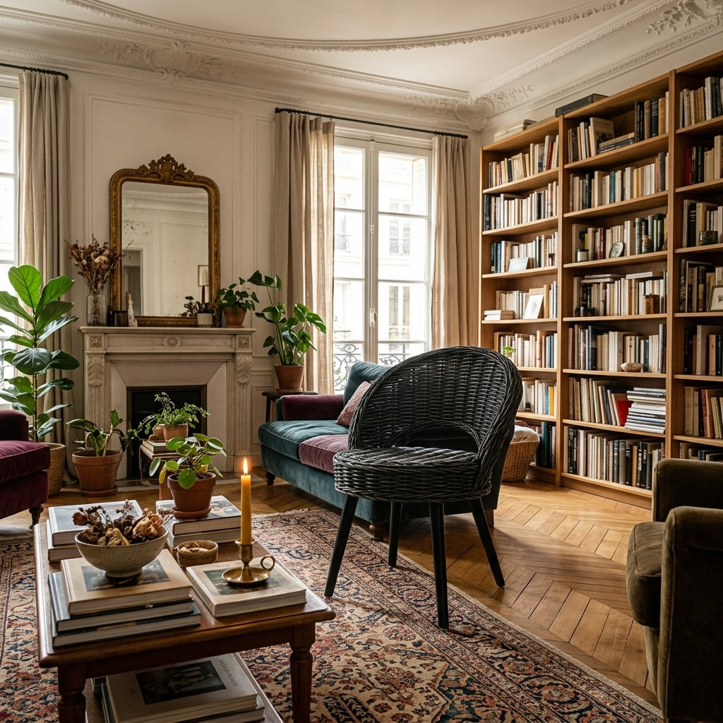 Fauteuil Kubu en rotin tressé noir, pieds bois