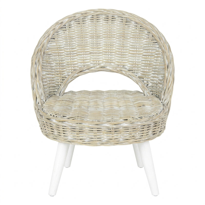 Fauteuil Kubu en rotin tressé blanc, pieds bois