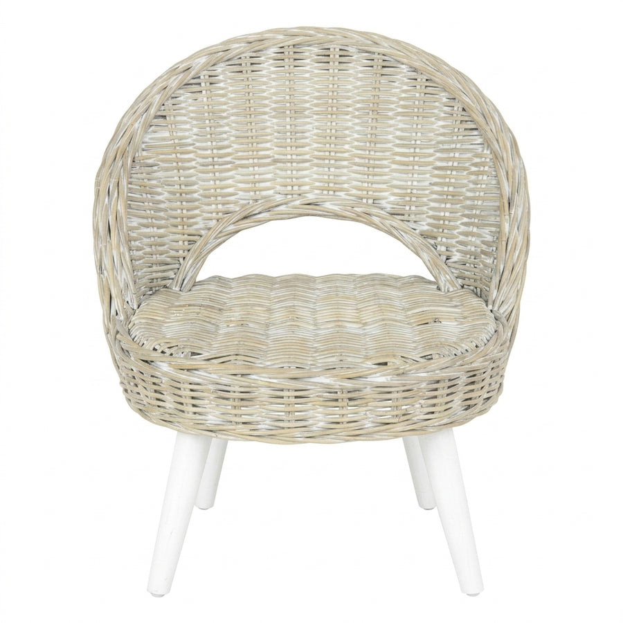 Fauteuil Kubu en rotin tressé blanc, pieds bois