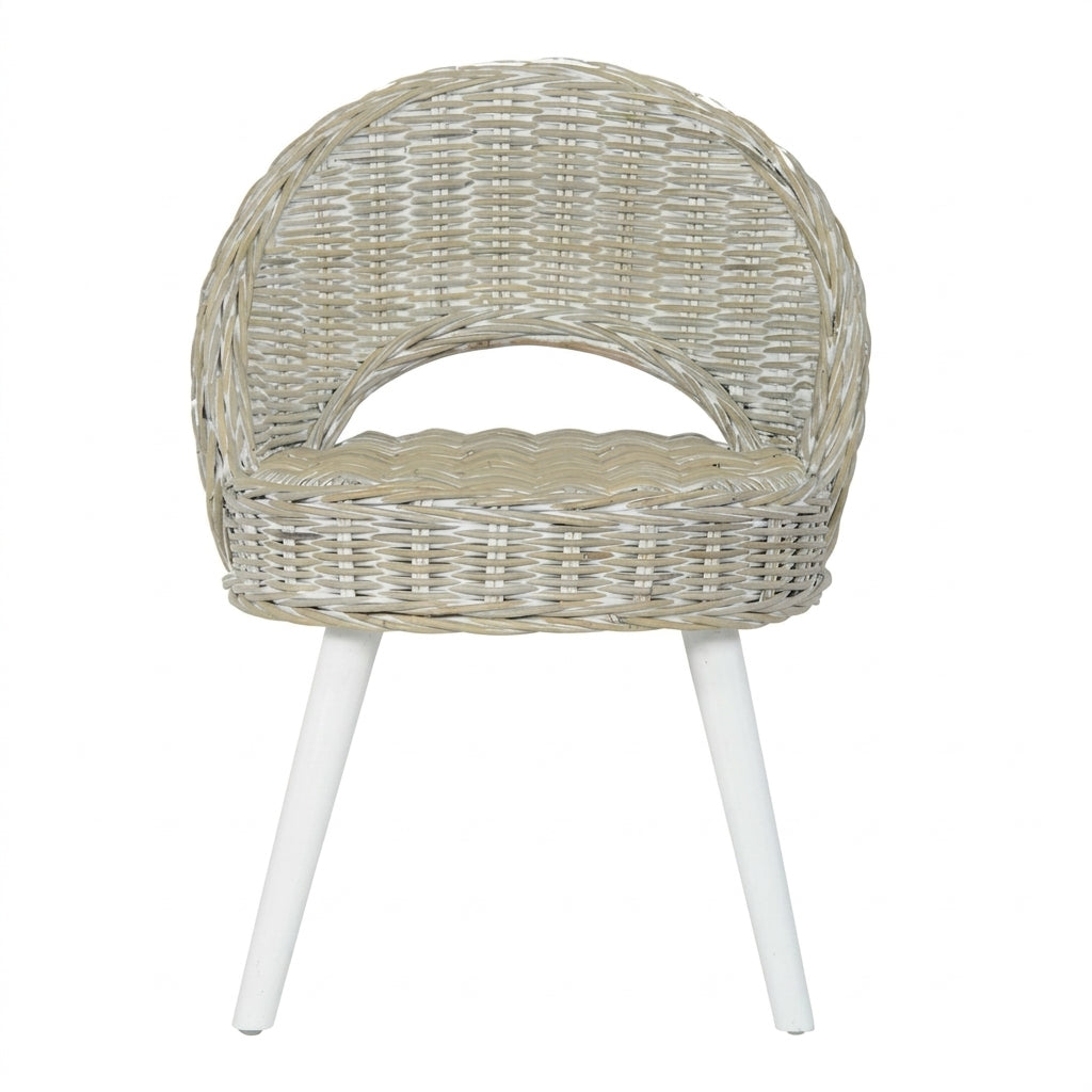 Fauteuil Kubu en rotin tressé blanc, pieds bois