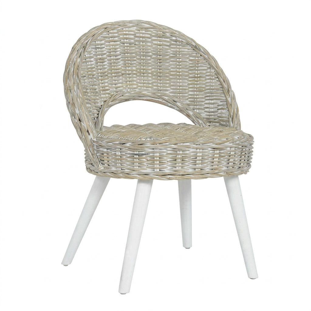 Fauteuil Kubu en rotin tressé blanc, pieds bois