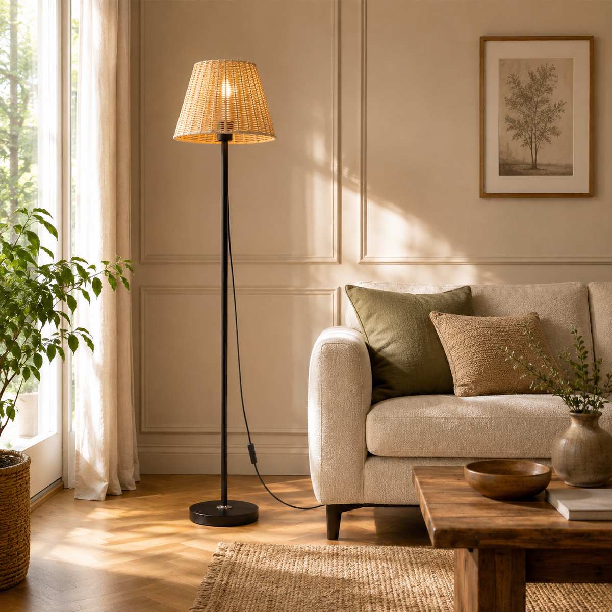 Lampadaire Cône en rotin tressé