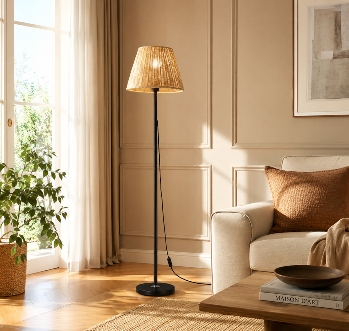 Lampadaire Cône en rotin tressé