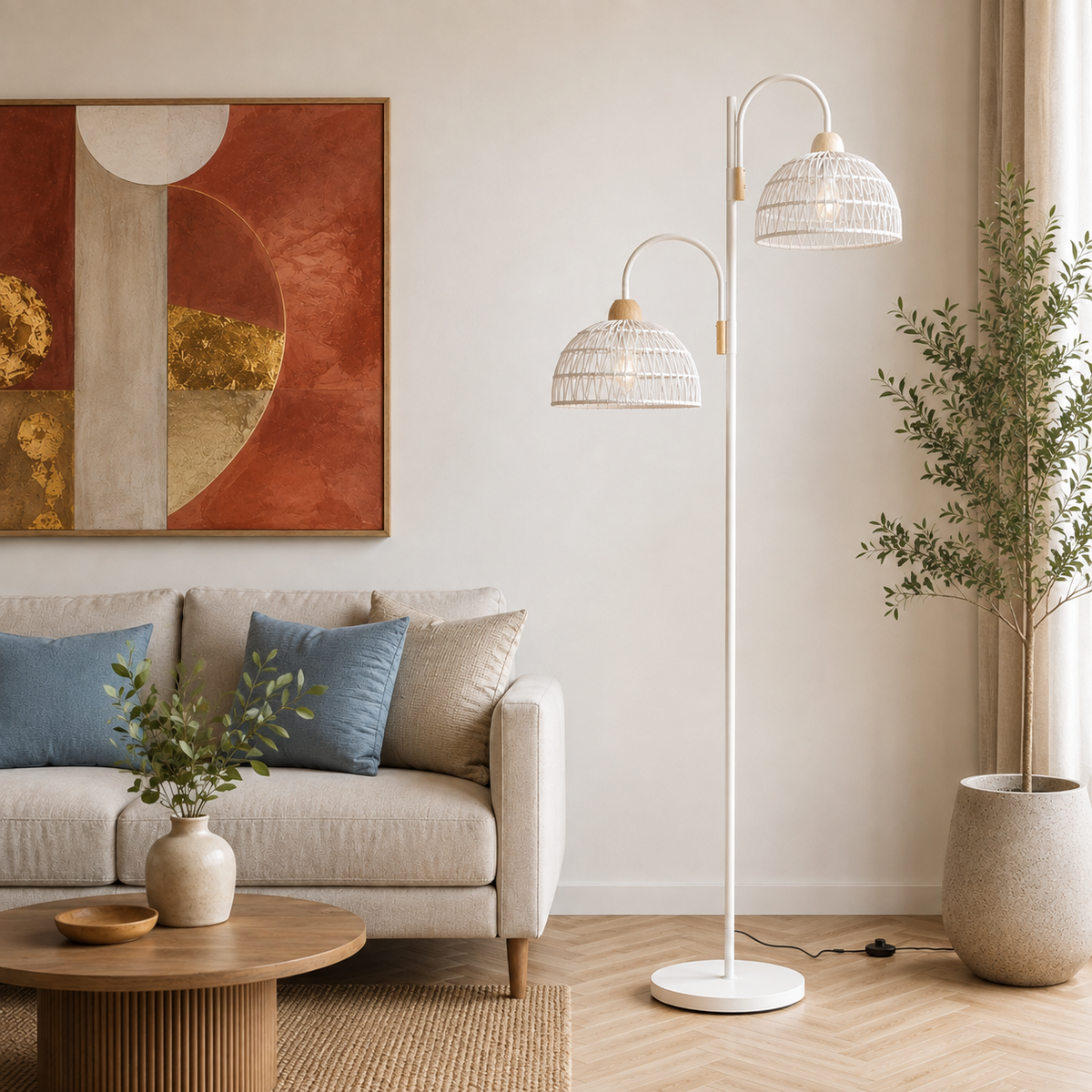 Lampadaire Liseuse en rotin tressé