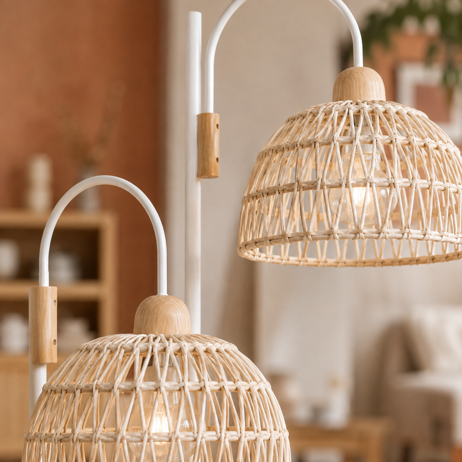 Lampadaire Liseuse en rotin tressé