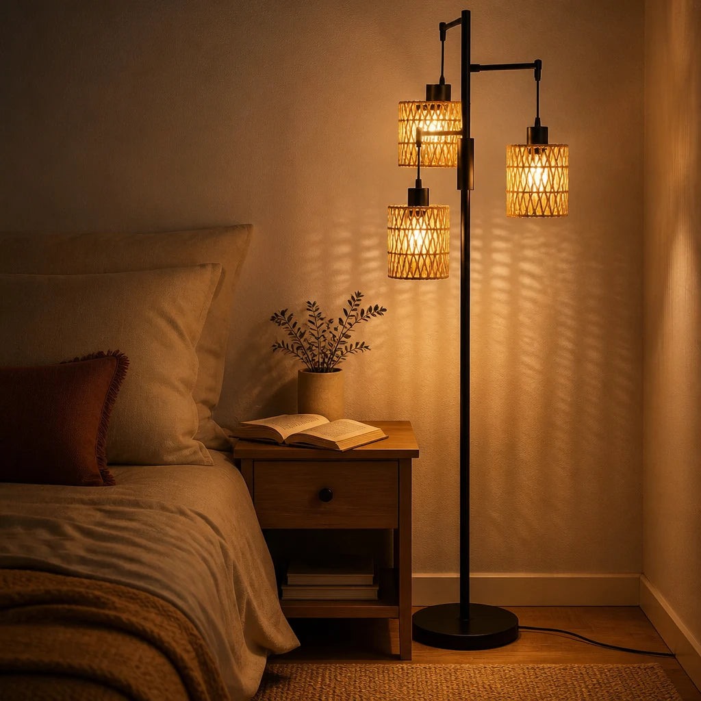 Lampadaire Trio en rotin tressé