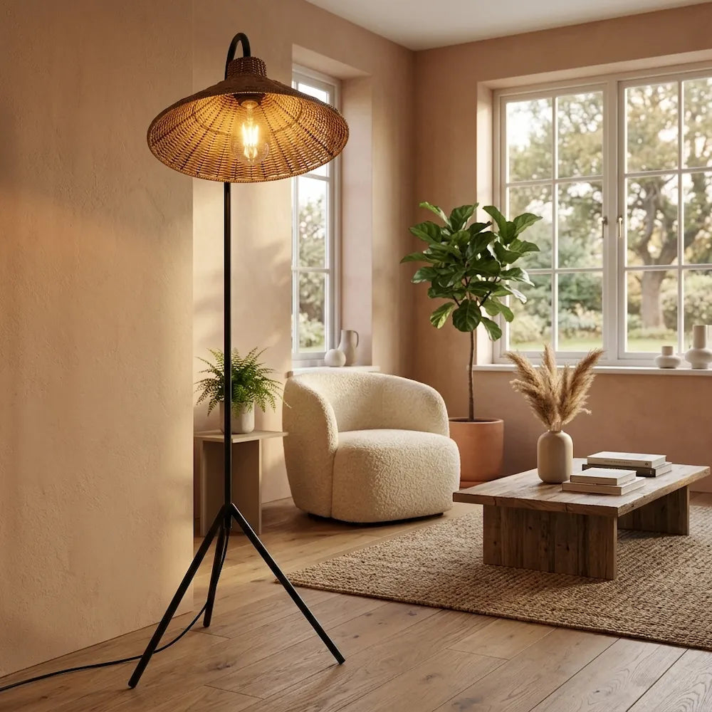 Lampadaire Arc en rotin tressé