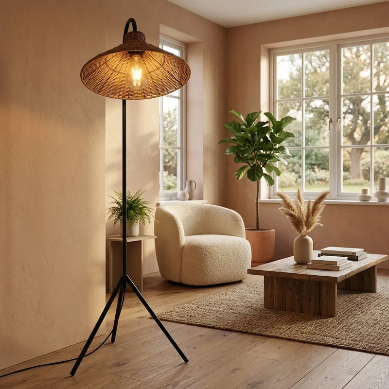 Lampadaire Arc en rotin tressé