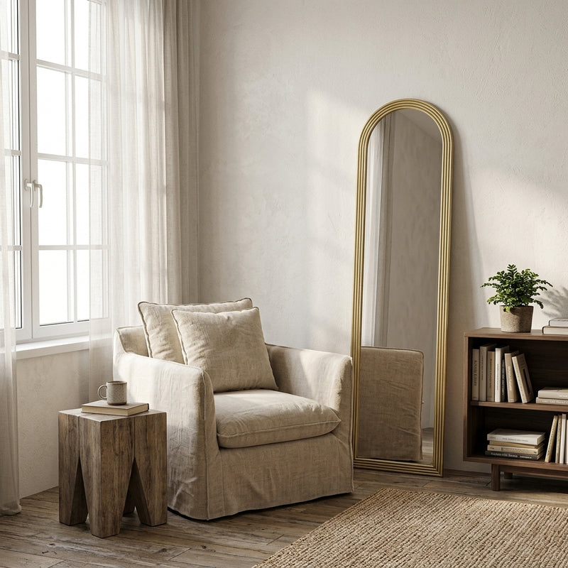 Miroir arche sur pied en rotin naturel
