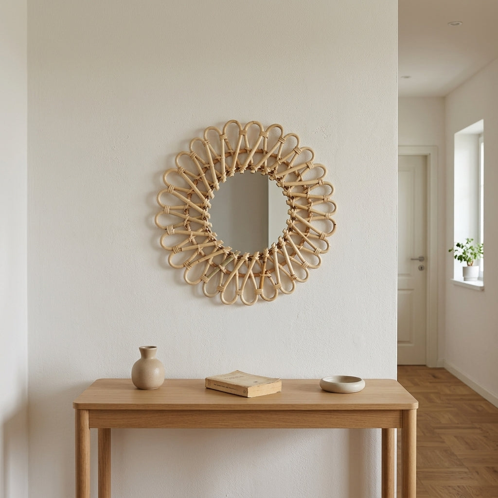 Miroir fleur en rotin naturel