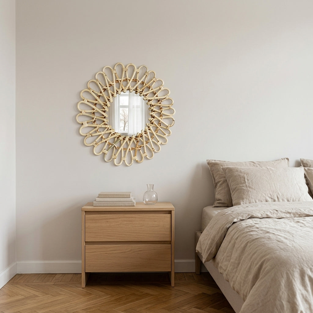Miroir fleur en rotin naturel