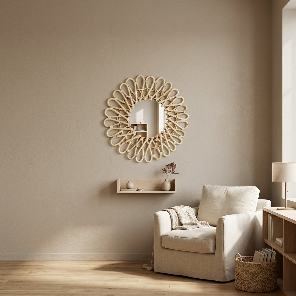 Miroir fleur en rotin naturel