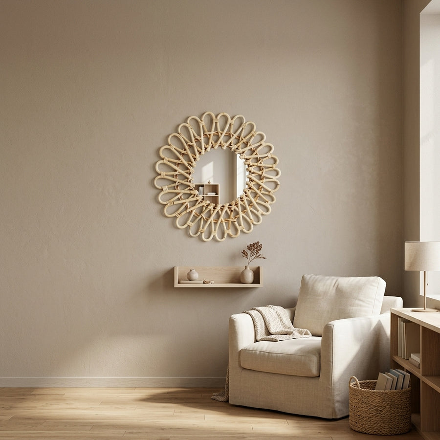 Miroir fleur en rotin naturel