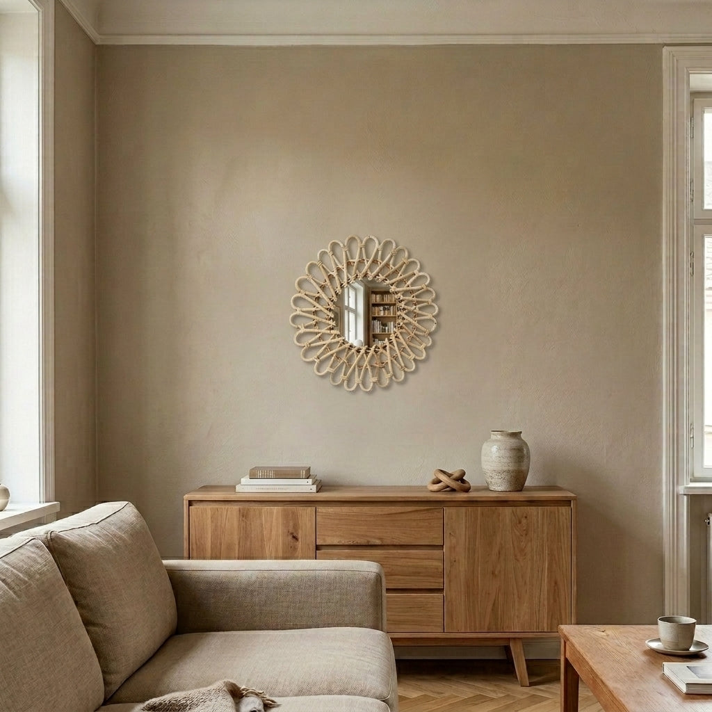 Miroir fleur en rotin naturel