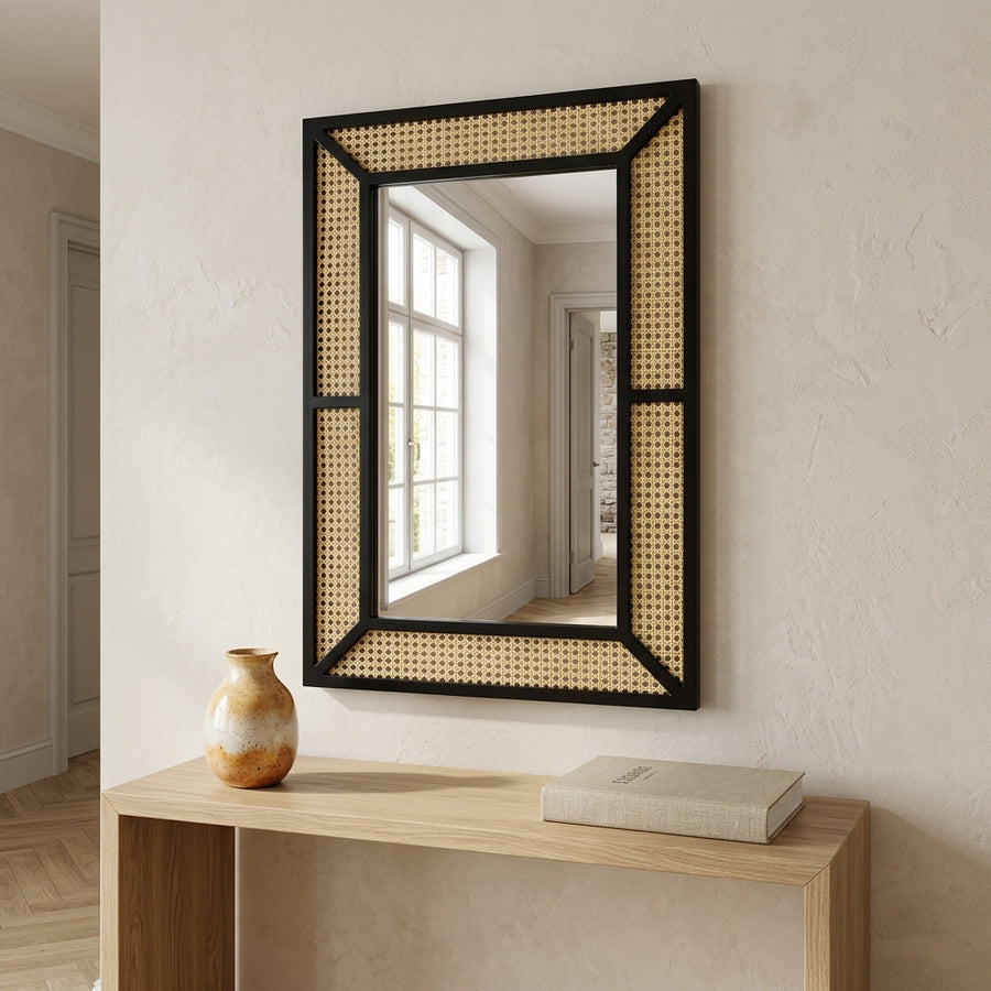Miroir rectangulaire noir en rotin naturel