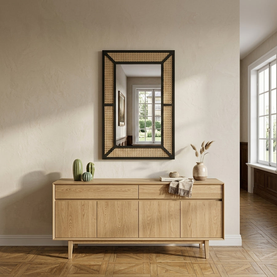 Miroir rectangulaire noir en rotin naturel