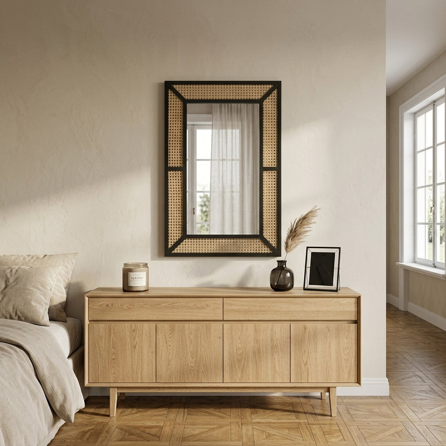 Miroir rectangulaire noir en rotin naturel