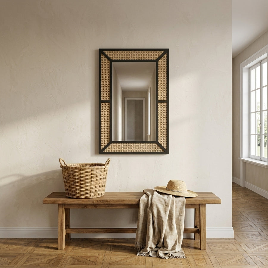 Miroir rectangulaire noir en rotin naturel