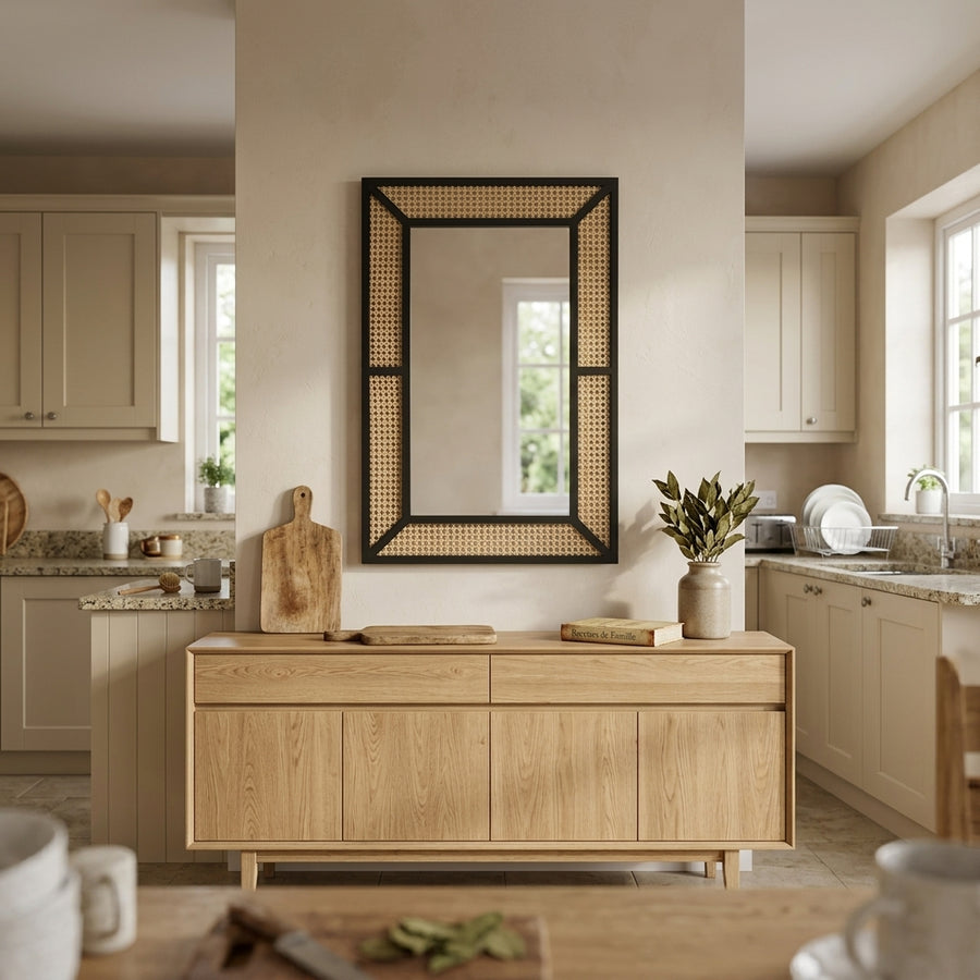 Miroir rectangulaire noir en rotin naturel