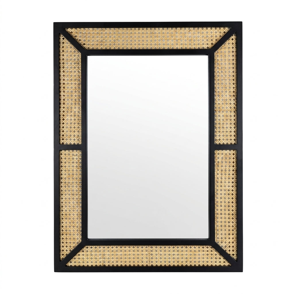 Miroir rectangulaire noir en rotin naturel